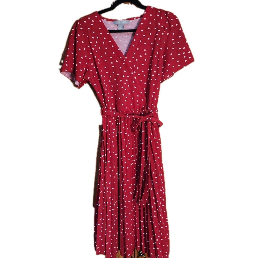 Lark + Grey Red  White Polka Dot Wrap Top Pleated Self Belt Dress Large